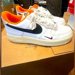 Nike White and Orange Air Force 1 Sneakers